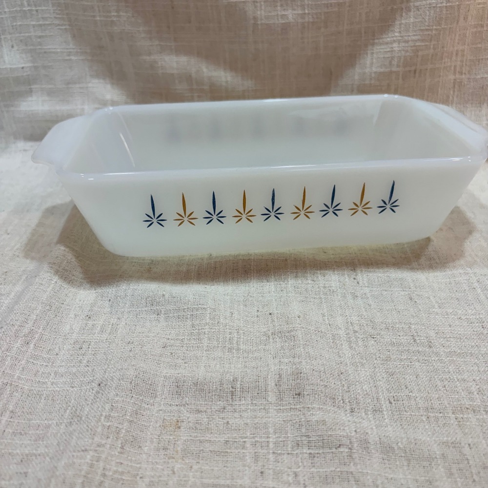 Vintage Fire-King Milk Glass Loaf Pan Starburst Atomic Blue Gold MCM Bakeware